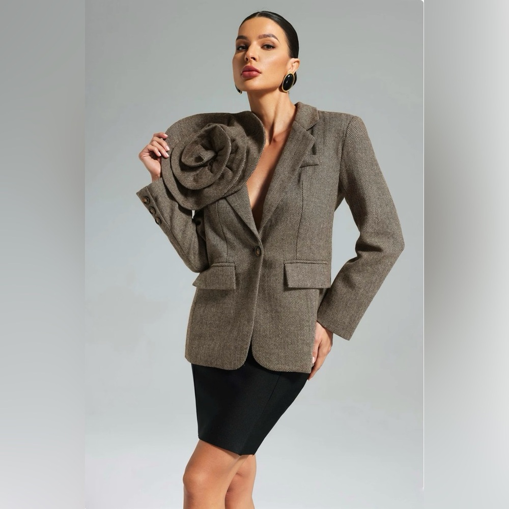 COMMENSE Large 3d flower single button tweed blazer